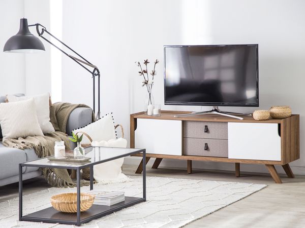 Beliani Acton Βάση Τηλεόρασης, MDF, Ανοιχτόχρωμο Ξύλο και Λευκό, Σκανδιναβικό Στυλ 8171216