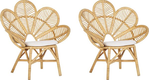 Beliani Σετ 2 Πολυθρόνες Rattan Florentine, Μπεζ με Μαξιλάρια, Σε Σχήμα Παγώνι