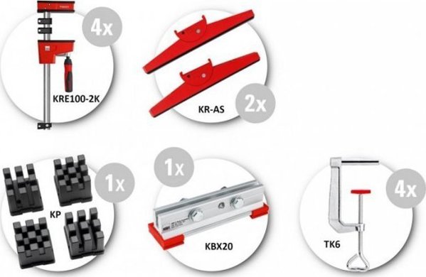 Bessey Σετ Σφιγκτήρες Πλήρους Επιφάνειας KRE-SET-A με Αξεσουάρ Ξυλουργικής, 4x KRE100-2K, 800mm/1000mm
