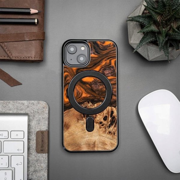 Θήκη από ξύλο και ρητίνη για iPhone 15 Plus MagSafe Bewood Unique Orange - πορτοκαλί-μαύρο