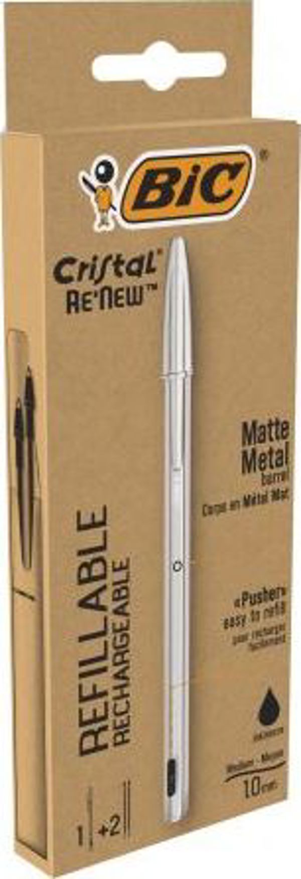 Bic Στυλό Cristal Re'new Metal Μαύρο, Μεταλλικό Σώμα με 2 Ανταλλακτικά, Μέση Μύτη 1.0mm