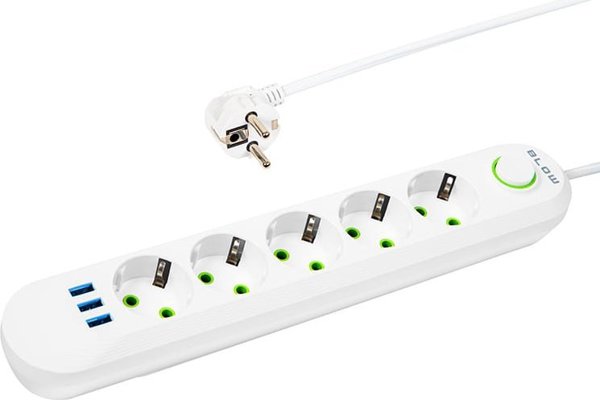 Blow 98-229# Καλώδιο επέκτασης δικτύου ps-520 5-υποδοχές 3xusb 2m λευκό 2x1mm