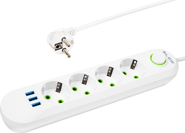 Blow 98-225# Καλώδιο επέκτασης δικτύου ps-450 4-υποδοχές 3xusb 5m λευκό 2x1mm