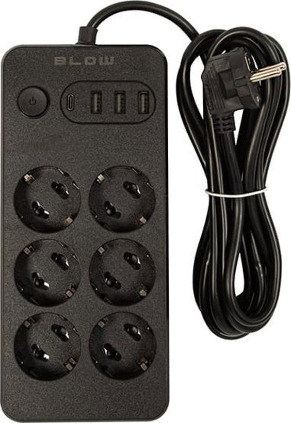 Blow 98-211# Πολύπριζο ps-630 6-υποδοχές 3xusb 1xusb-c 3m μαύρο 2x1mm