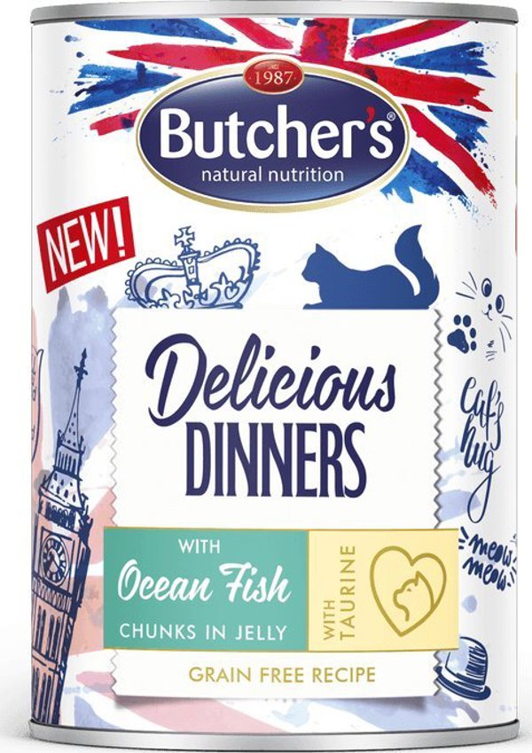 Butchers BUTCHER'S Delicious Dinners με θαλασσινό ψάρι κομμάτια σε ζελέ 400g (γάτα)