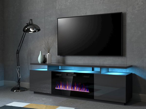 Cama Meble Ντουλάπι RTV EVA με ηλεκτρικό τζάκι 180x40x52 γραφίτης/γραφίτης γυαλιστερό