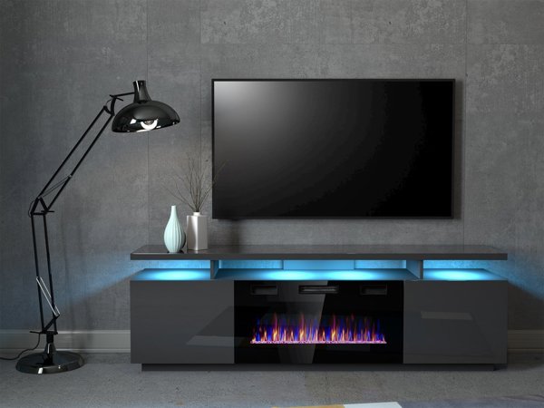 Cama Meble Ντουλάπι RTV EVA με ηλεκτρικό τζάκι 180x40x52 γραφίτης/γραφίτης γυαλιστερό
