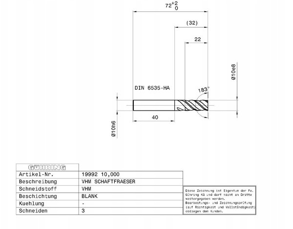 Κοπτικό καρβιδίου GUHRING ALU 19992 10.0 mm