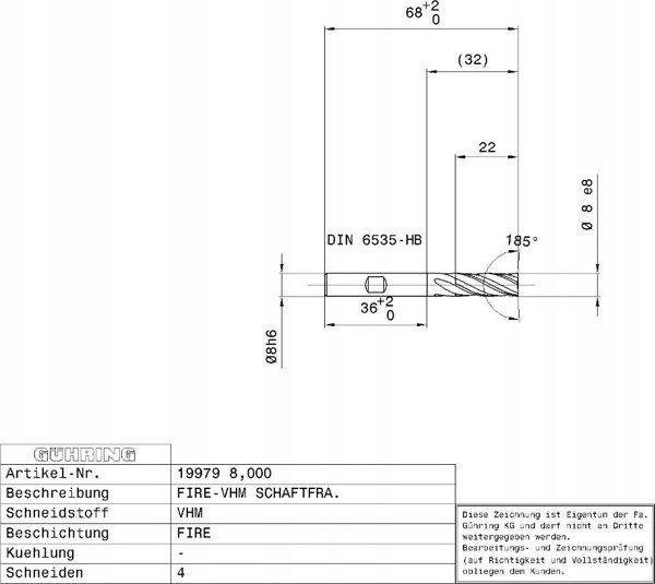 Κοπτικό φρέζας καρβιδίου GUHRING HA 7.0 mm