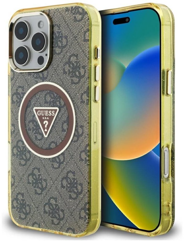 Case Guess IML Metal Glitter 4G Circle Triangle MagSafe for iPhone 16 Pro Max brown