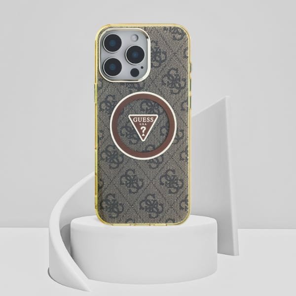 Case Guess IML Metal Glitter 4G Circle Triangle MagSafe for iPhone 16 Pro Max brown