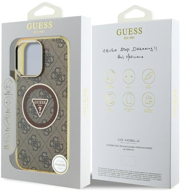 Case Guess IML Metal Glitter 4G Circle Triangle MagSafe for iPhone 16 Pro Max brown