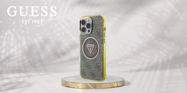 Case Guess IML Metal Glitter 4G Circle Triangle MagSafe for iPhone 16 Pro Max brown