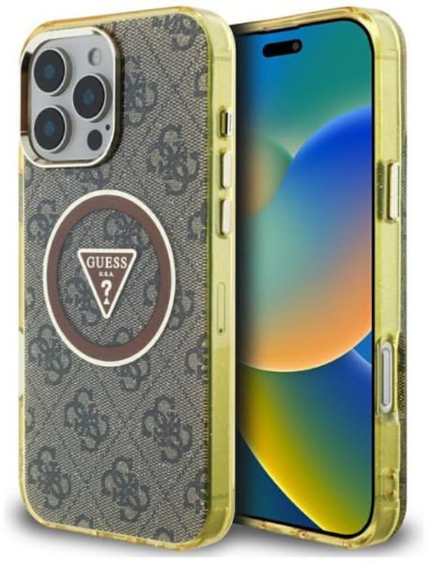 Case Guess IML Metal Glitter 4G Circle Triangle MagSafe for iPhone 16 Pro Max brown