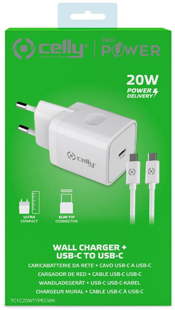 Celly TC USB-C 20W+TYPE-C CABLE Baltas