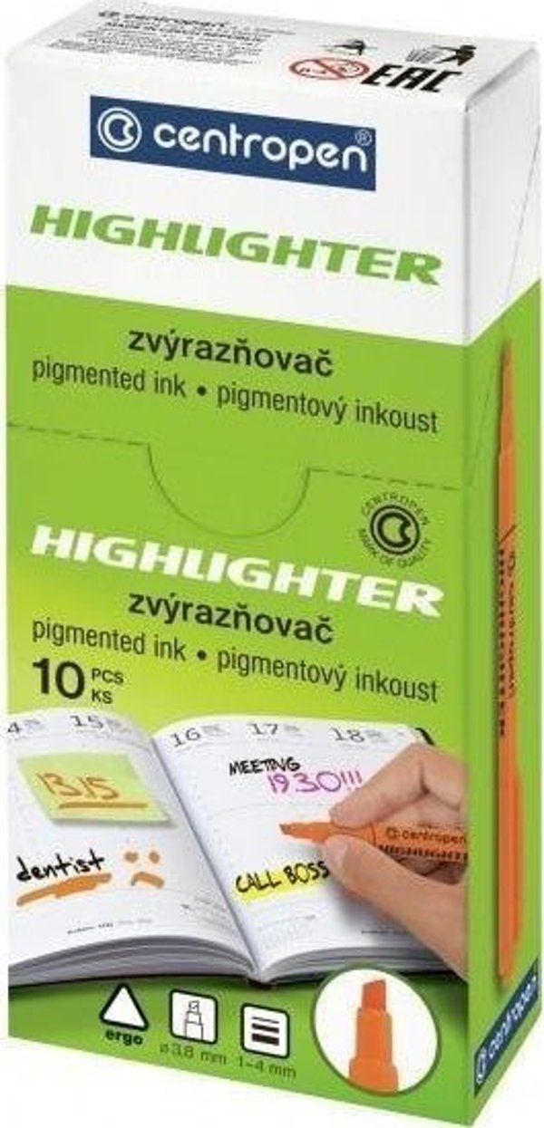 Centropen Λεπτός Υπογραμμιστής Highlighter, Κόκκινο, Λοξή Μύτη, 1-4mm, 10τμχ
