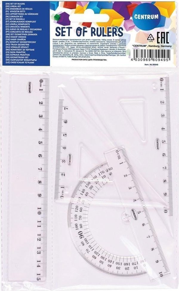 Centrum Σετ Σχεδίασης 80949, Γεωμετρικό Σετ 4 Τεμαχίων με Χάρακα 15cm, Μοιρογνωμόνιο και Γεωμετρικά Όργανα