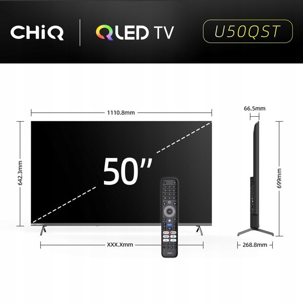 CHiQ U50QST TV 50", UHD, QLED, ultratenká, Google TV, DLG 120 Hz, Dolby Audio, Frameless, metalická