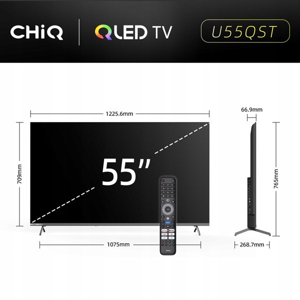 CHiQ U55QST TV 55", UHD, QLED, ultratenká, Google TV, DLG 120 Hz, Dolby Audio, Frameless, metalická