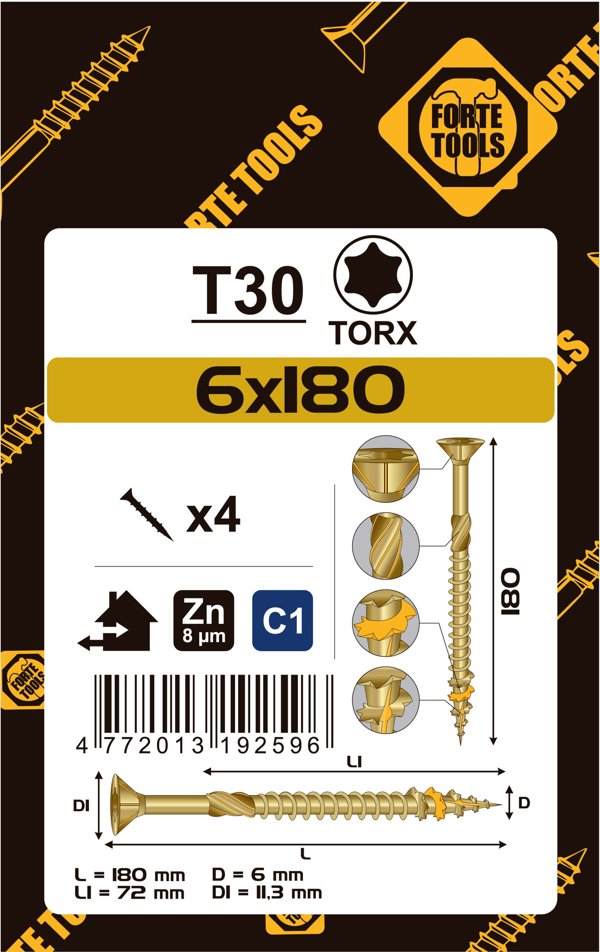 ΒΙΔΑ ΓΙΑ ΜΟΡΙΟΣΑΝΙΔΑ SCR T30 6.0X180/72 YELL ZN4PCS