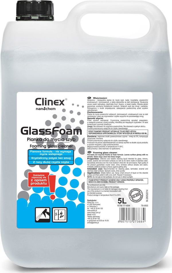 Clinex Επαγγελματικό Καθαριστικό Τζαμιών Σε Αφρό, 5L, Υγρό Καθαρισμού Γυαλιών Χωρίς Ραβδώσεις & Λεκέδες
