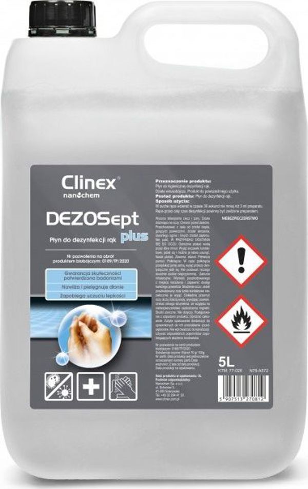 Clinex Dezosept Plus Επαγγελματικό Υγρό Απολύμανσης Χεριών, Ιοκτόνο & Βακτηριοκτόνο, 70% Αλκοόλη, 5L