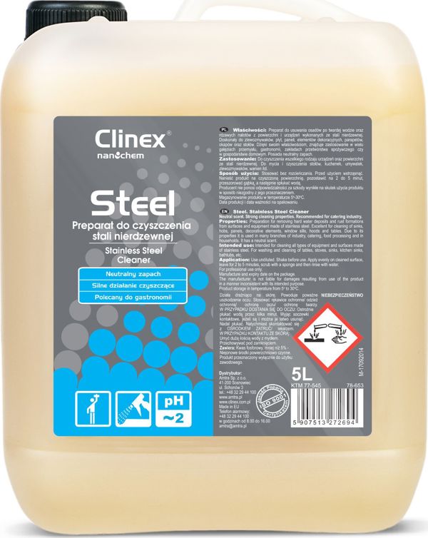 Clinex Gastro Steel Υγρό Καθαρισμού Ανοξείδωτων Επιφανειών & Απορροφητήρων 5L