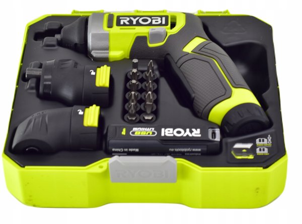 Cordless screwdriver RYOBI RSD4-120TA2, 4.0 V, 2.0 Ah Li-ion, 5 Nm, with accessories for turning in corners