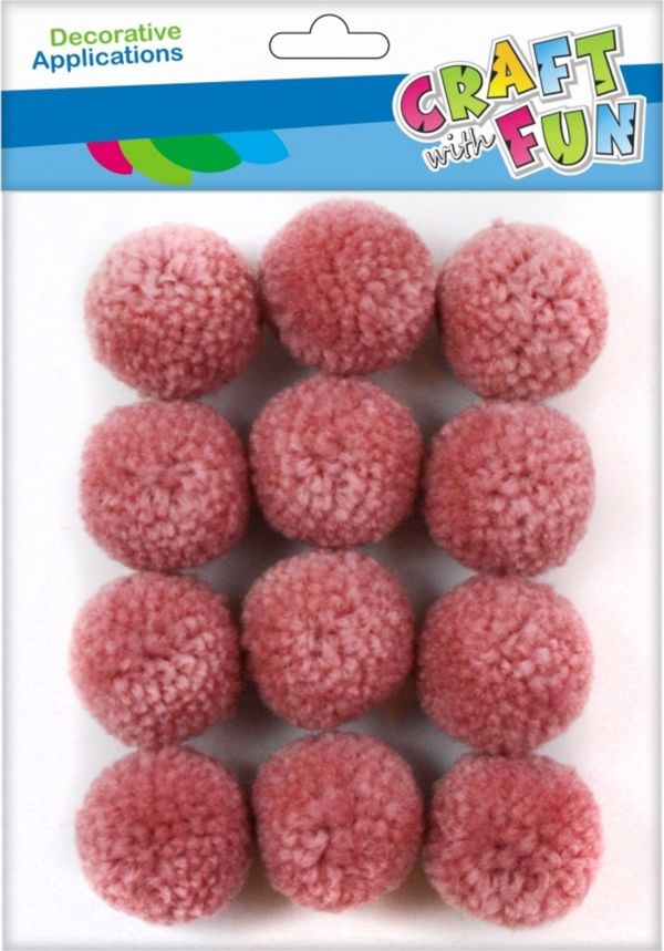 Craft With Fun Διακοσμητικά Πομ Πον Μαλλί, 3cm, 12 Τεμάχια, Ροζ