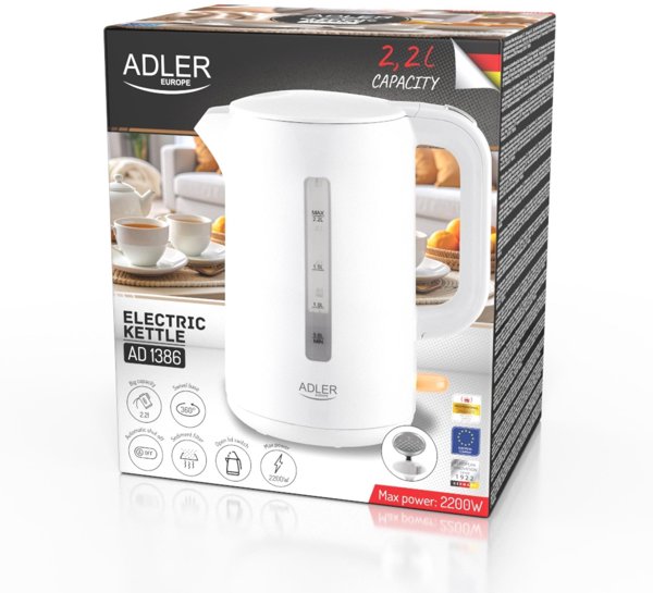 Adler Ηλεκτρικός Βραστήρας 2,2 L, Λευκός - Γρήγορος Βρασμός Νερού