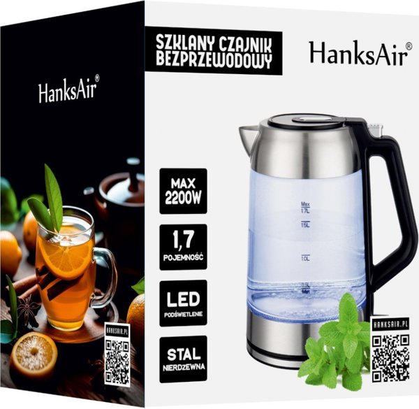 Ηλεκτρικός βραστήρας ART γυάλινος βραστήρας HanksAir φωτιζόμενος 1,7L