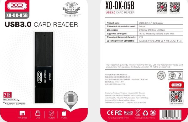 Αναγνώστης καρτών μνήμης XO XO DK05B 2σε1 USB 3.0, μαύρο