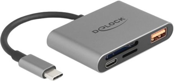 Delock USB-C Card Reader για SD και Micro SD κάρτες μνήμης + USB 10 Gbps Θύρα Τύπου-A και USB Type-C PD 2.0 85 W