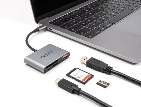 Delock USB-C Card Reader για SD και Micro SD κάρτες μνήμης + USB 10 Gbps Θύρα Τύπου-A και USB Type-C PD 2.0 85 W