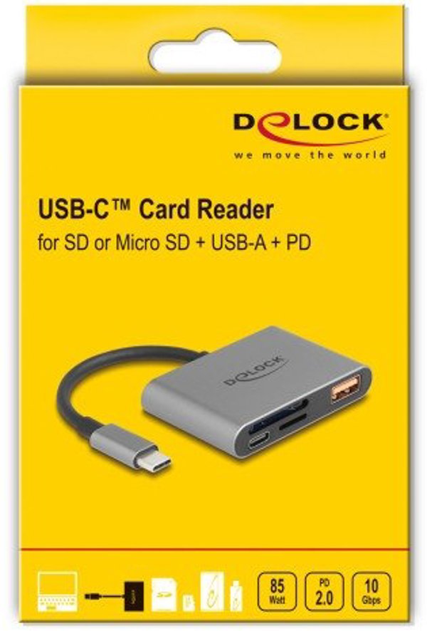 Delock USB-C Card Reader για SD και Micro SD κάρτες μνήμης + USB 10 Gbps Θύρα Τύπου-A και USB Type-C PD 2.0 85 W