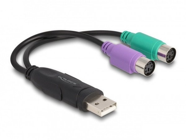 Delock USB σε PS/2 Προσαρμογέας, 0.17 m, 2x 6-p Mini-DIN, USB A, Θηλυκό, Αρσενικό, Μαύρο, Πράσινο, Μωβ