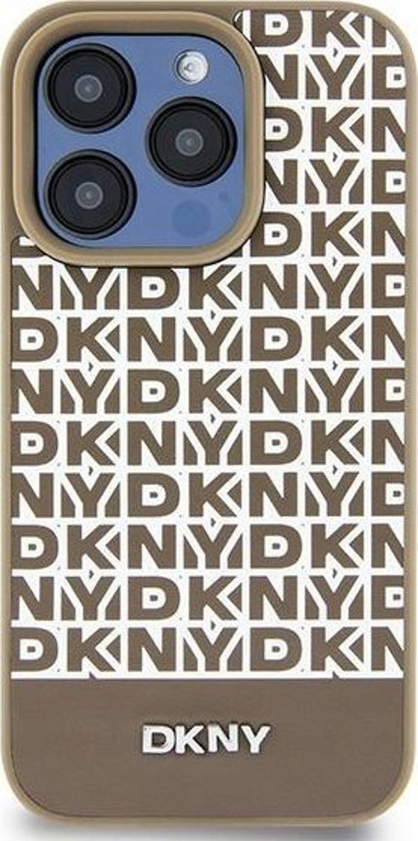 DKNY DKNY DKHMP15SPSOSPW iPhone 15 / 14 / 13 6.1" καφέ σκληρή θήκη Δερμάτινο Εκτυπωμένο Σχέδιο Μεταλλικό Λογότυπο MagSafe