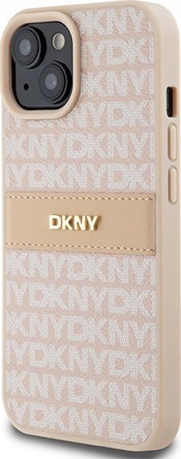 Case IPHONE 13 / 14 / 15 DKNY Hardcase Leather Mono Stripe & Metal Logo (DKHCP15SPRTHSLP) pink