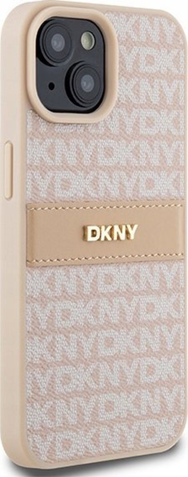 Case IPHONE 13 / 14 / 15 DKNY Hardcase Leather Mono Stripe & Metal Logo (DKHCP15SPRTHSLP) pink