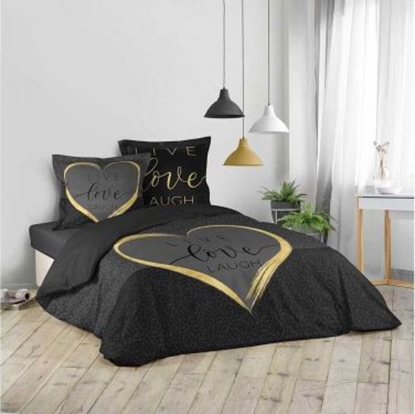 Σετ Παπλωματοθήκης Douceur d'Interieur Crazy Love, 100% Βαμβακερό, Μαύρο, 200x200cm με 2 Μαξιλαροθήκες 63x63cm