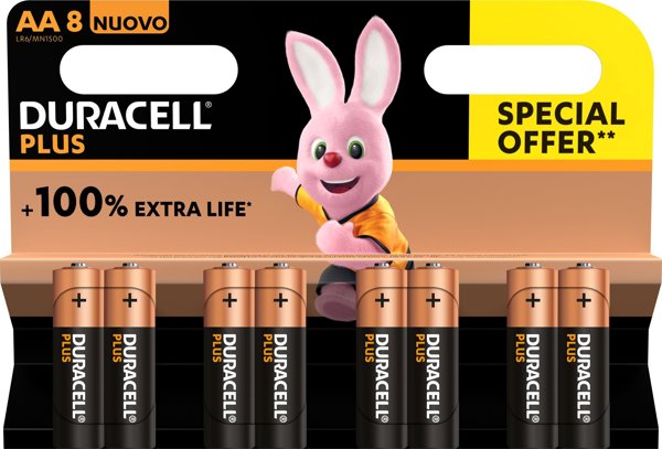 Duracell Duracell Plus 100, Μπαταρία μίας χρήσης, AA, Αλκαλική, 1.5 V, 8 τεμ., Πολύχρωμο