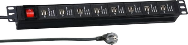 EFB EFB 48,26cm 19 ιντσών 1HE πολύπριζο 16 x USB A με διακόπτη μαύρο καλώδιο 3m, 2,1 A ανά 2 θύρες