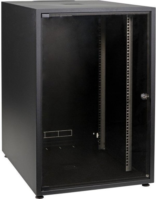 EFB 19Zoll Netzwerkschrank OFFICE SERIE 18HE 600X800 RAL9005 Schwarz IP20 komplett vormontiert und zerlegbar Glasfront 45KG Traglast