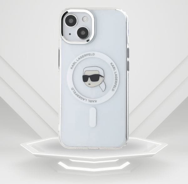 Θήκη Karl Lagerfeld IML Metal Karl Head MagSafe για iPhone 15 λευκή