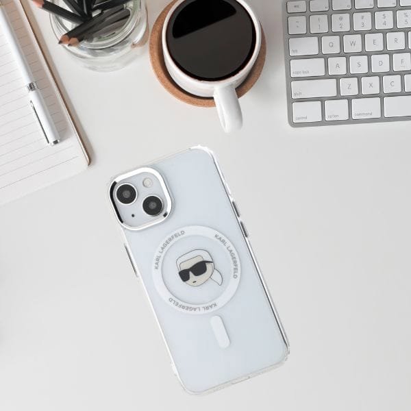 Θήκη Karl Lagerfeld IML Metal Karl Head MagSafe για iPhone 15 λευκή