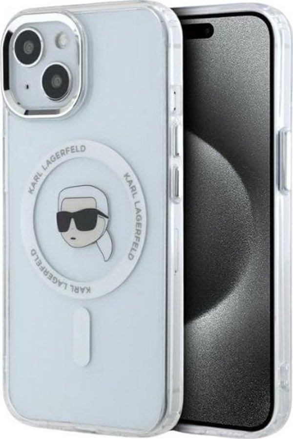 Θήκη Karl Lagerfeld IML Metal Karl Head MagSafe για iPhone 15 λευκή