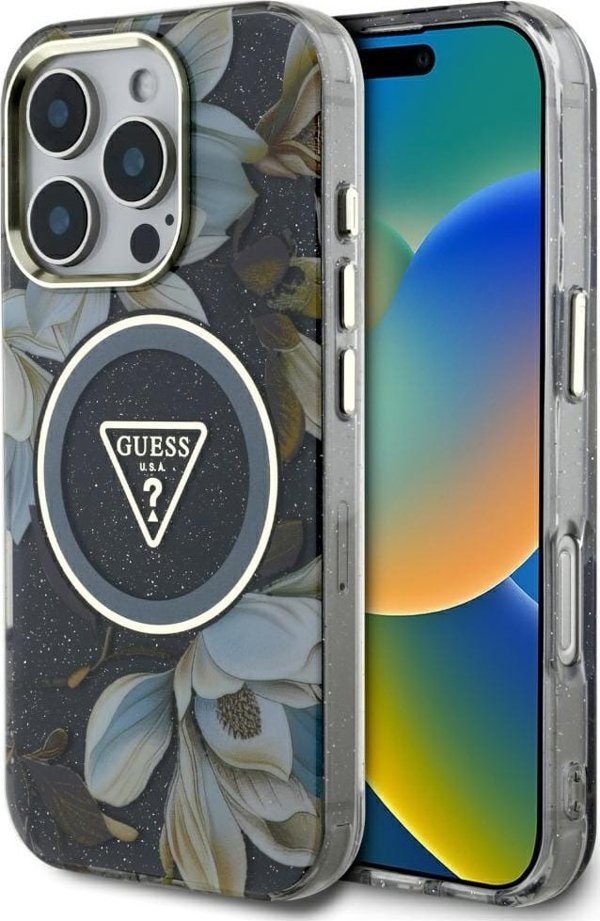 Etui Guess Glitter Flowers Triangle       Buttons MagSafe do iPhone 16 Pro Max czarny
