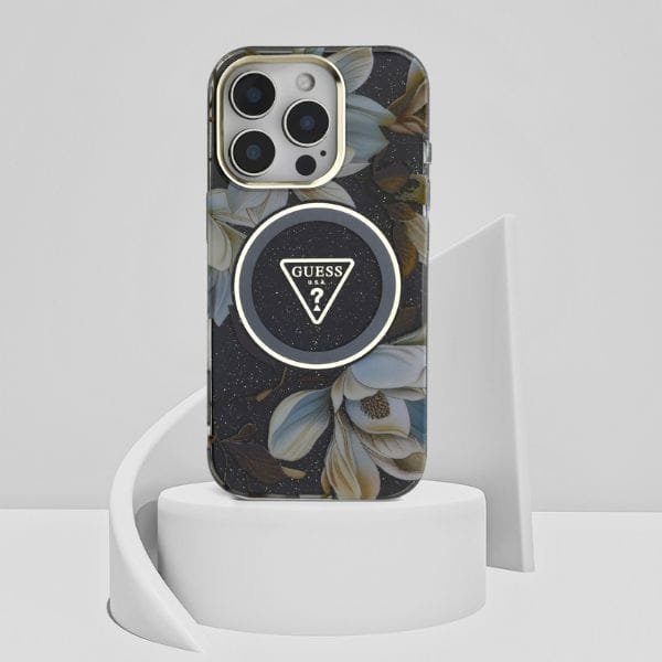 Etui Guess Glitter Flowers Triangle       Buttons MagSafe do iPhone 16 Pro Max czarny