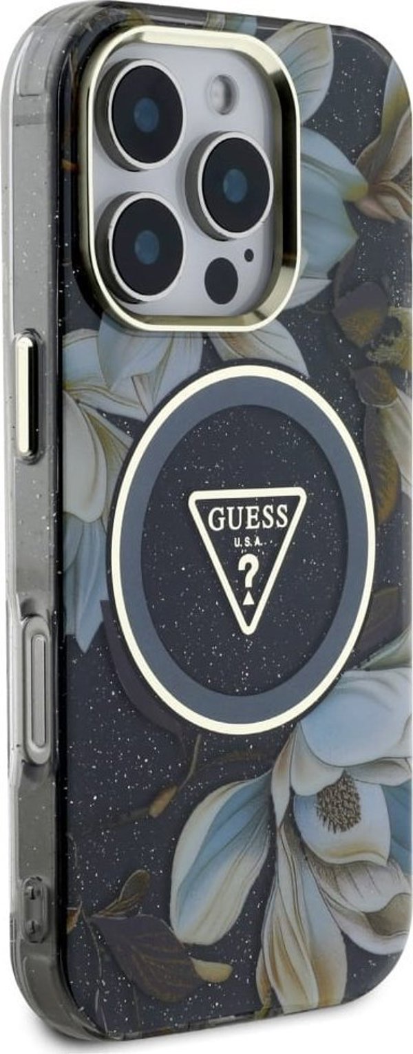 Etui Guess Glitter Flowers Triangle       Buttons MagSafe do iPhone 16 Pro Max czarny