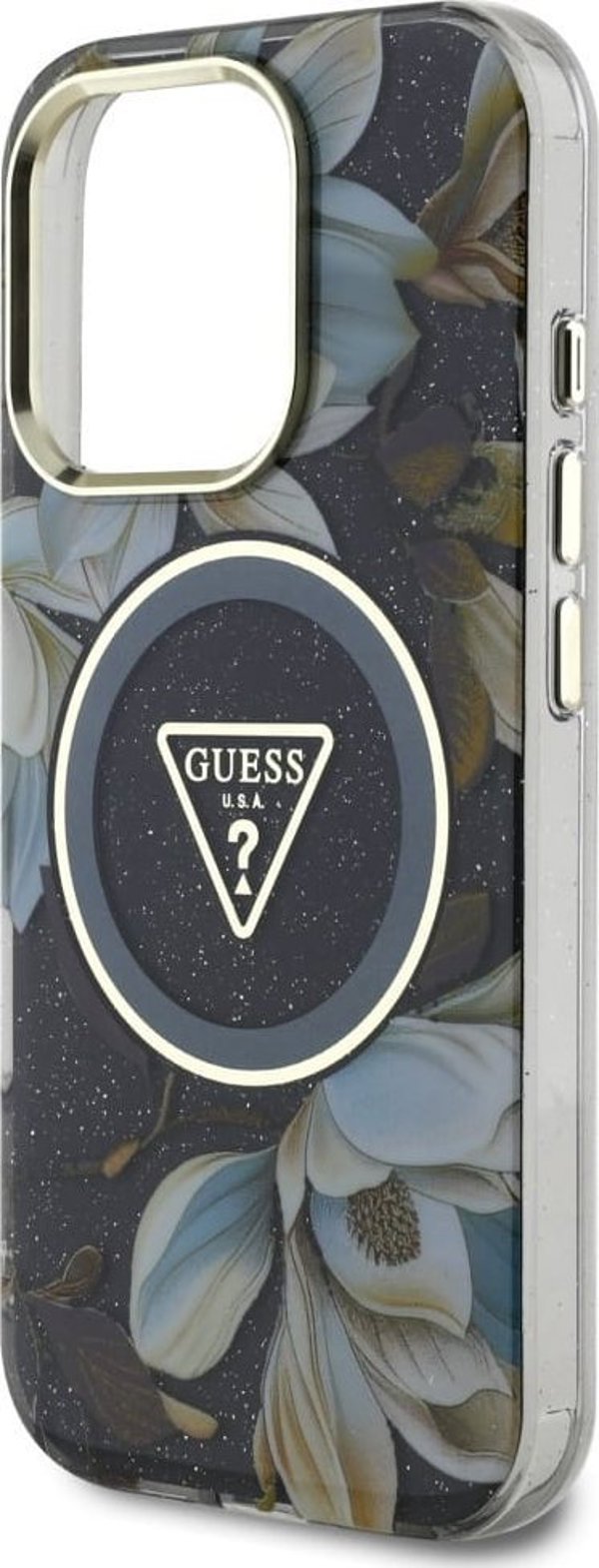 Etui Guess Glitter Flowers Triangle       Buttons MagSafe do iPhone 16 Pro Max czarny